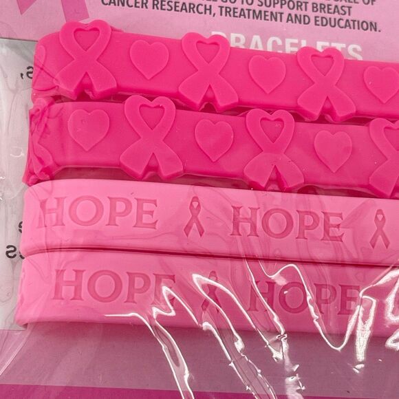 Breast Cancer Awareness Pink Silicone Bracelets 4 Pack HOPE Ribbon New - Picture 5 of 6